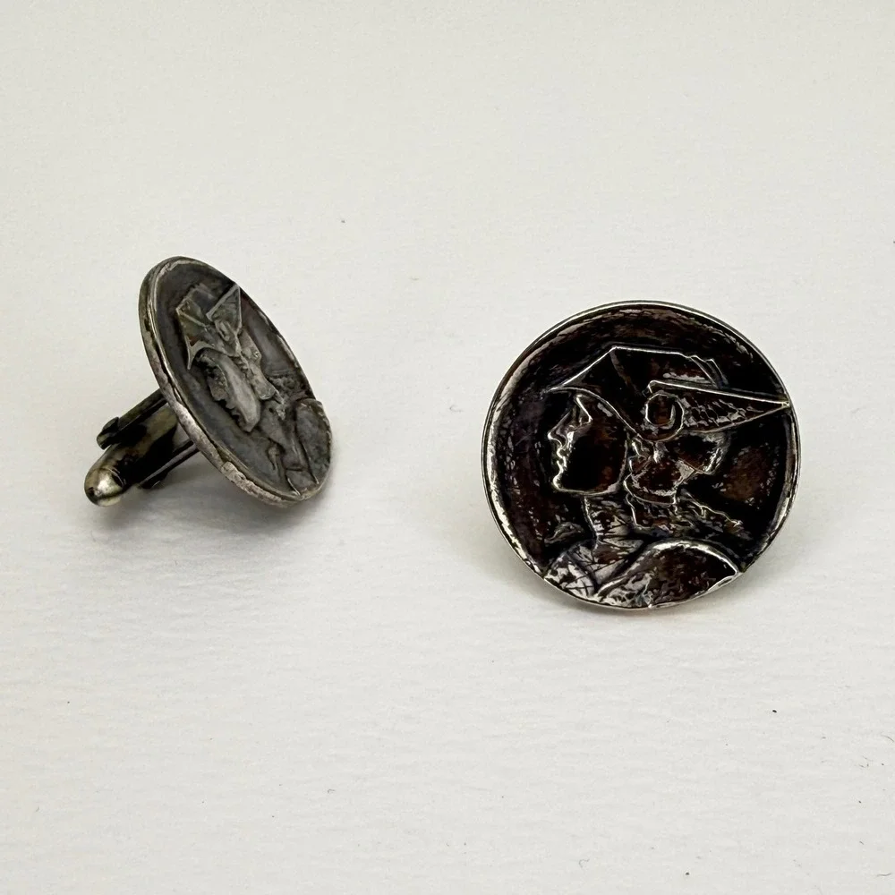 Swank Vintage Mercury God Roman Mythology Silver Tone Round Cufflinks Patina